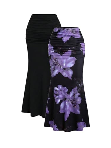 SweatyRocks Women's 2 Pack Fishtail Skirts Floral Print Ruched Ruffle Bodycon Long Skirt