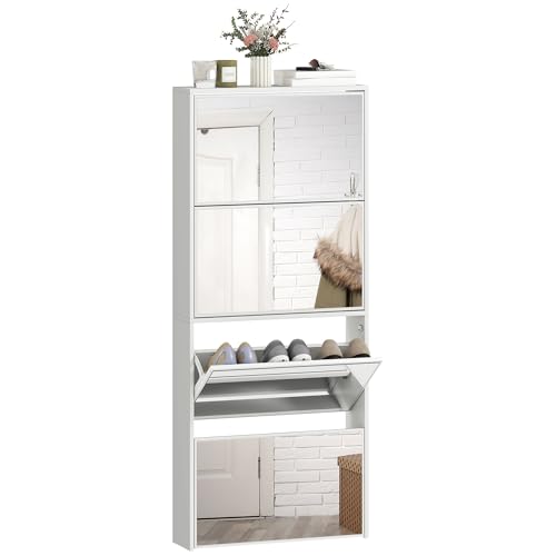 HOMCOM Zapatero Estrecho 4 Puertas con Espejo, Zapatero Entrada Recibidor, para 12 Pares de Zapatos, para Pasillo, Espacios Reducidos, 63x17x146 cm, Blanco