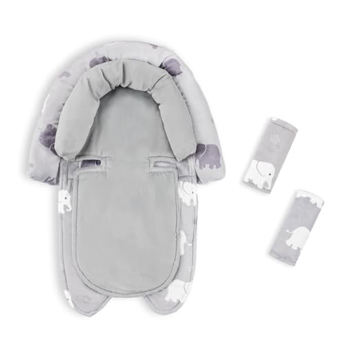 Image of Baby Car Seat Head Support with Extra Headrest, 2-in-1 Babybody Supports with Shoulder Pads Set for Newborn, Adjustable Infant Car Seat Insert Compatible with Stroller, Baby Swing, (Grey Elephant)