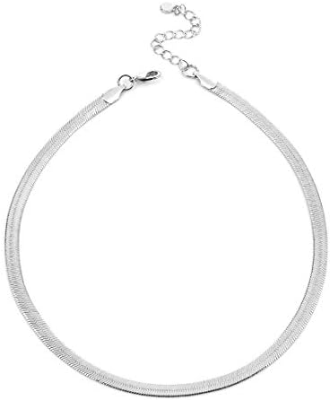NUZON Silver Chain Choker Necklace for Women Girls Simple Delicate 5mm Flat Snake Chain Flexible Herringbone Necklace Jewelry Gift 16''