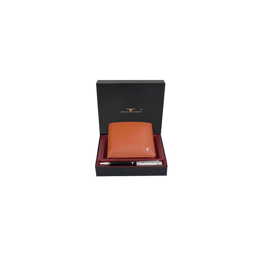 URBAN FOREST Griffin Aniline Rust Leather Wallet & Diamond Pen Combo Gift Set for Men