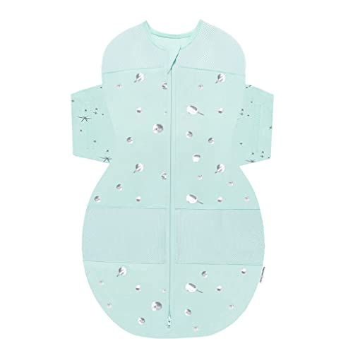 Image of Happiest Baby SNOO Sleep Sack - 100% Organic Cotton Baby Swaddle Blanket - Doctor Designed Promotes Healthy Hip Development (Teal Planets, Medium)