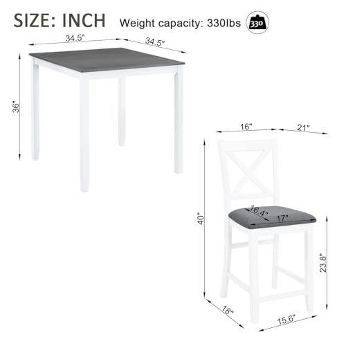 Image of Harper & Bright Designs 5-Piece Counter Height Dining Table Set with 4 Chairs, Square Wooden Kitchen Table Set for 4, Modern Small Space Dining Room Set with Padded X-Back Chairs, Grey & White
