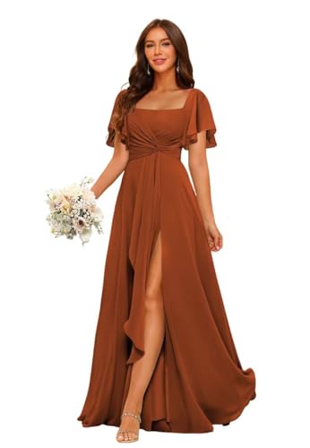 ZUMEIJIA Womens Short Sleeves Pleated Bridesmaid Dresses with Slit Burnt Orange Chiffon Ruched Prom Dress 2026 Backless US2