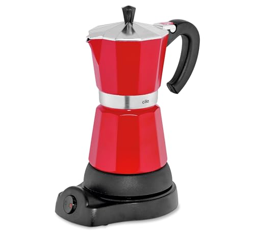 cilio Espressokocher Classico für 6 Tassen | elektrisch 480W | Ø 11,5 cm Höhe: 25 cm | Aluminium | Rot | integrierte Herdplatte | mit Warmhaltefunktion und Reduziersieb | für Reisen oder Camping