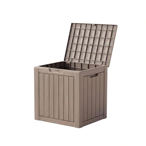 Image of 30 Gallon Resin Deck Box with Lockable Lid - Outdoor Waterproof Storage for Patio Furniture, Garden Tools, Cushions & Pool Accessories, Wood Grain Design, All-Weather Durable (Grey-brown, 1 Pack)