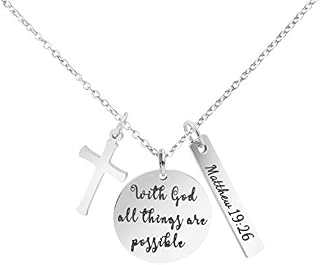 MEMGIFT Religious Bible Verse Necklace Stainless Steel Round Pendant Christian Jewelry with God