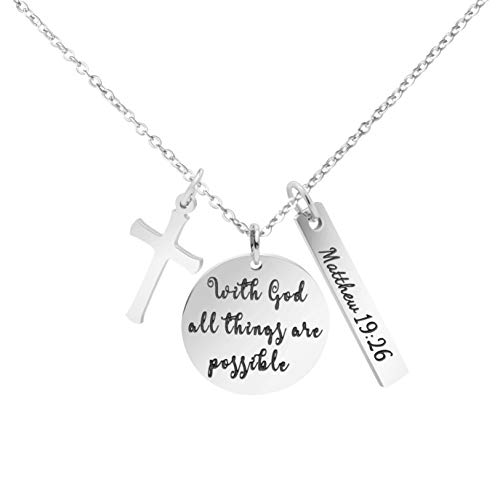 MEMGIFT Religious Bible Verse Necklace Stainless Steel Round Pendant Christian Jewelry with God