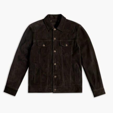Image of Isaac & David Chicago Men's Vintage Trucker Suede Leather Jacket - Denim Biker Cafe Racer Causal Western Cowboy Jacket