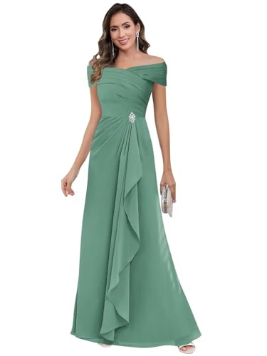 Off Shoulder Mother of The Bride Dresses for Women Long Chiffon Ruffles with Pleat Wedding Guest Gown