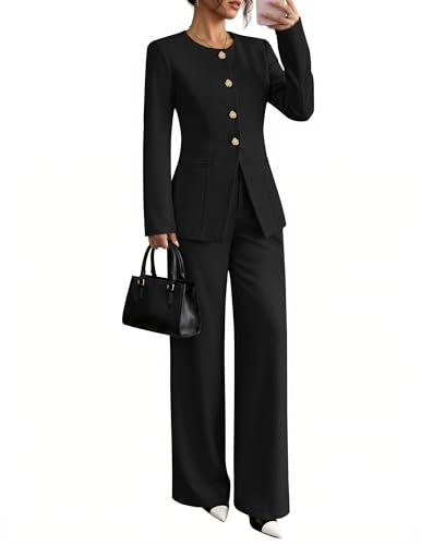 ZESICA Womens 2026 Spring Two Piece Suits Set Casual Business Long Sleeve Blazer Jacket Wide Leg Pants Work Outfits Sets Black Large