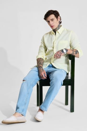 Image of SNITCH Men Casual Shirt | Slim Fit Full Sleeve Button-Down Collar Solid Design | Premium Cotton Linen Blend & Breathable Fabric for Office, Semi-Formal & Everyday Wear