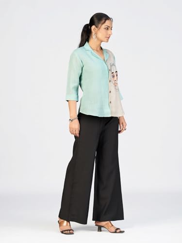 Image of Makhhi Wear Trendy Women's Sea Green & Beige Sketch Embroidered Casual Shirt for Women