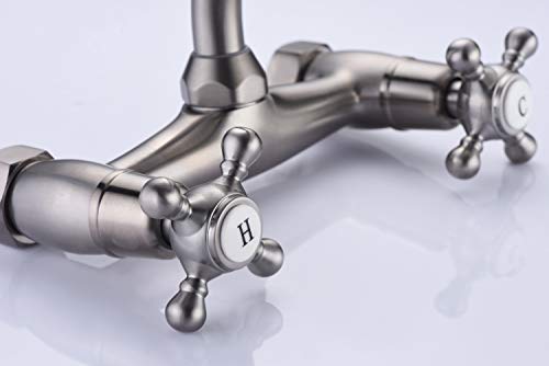 Sumerain Kitchen Wall Faucet 2 Cross Handle Brushed Nickel Wall Mounted Faucet 3" to 9" Adjustable Spread