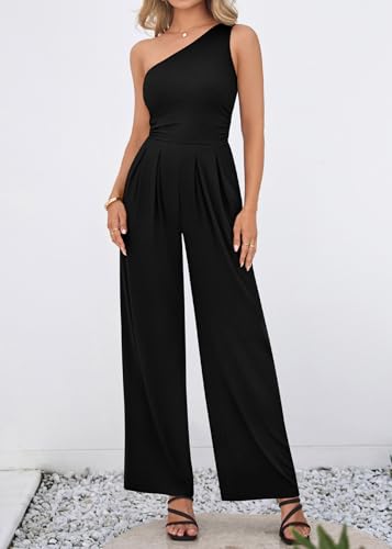 KIRUNDO One Piece Jumpsuits For Women Dressy 2026 Sleeveless One Shoulder Ribbed Wide Leg Rompers With Pockets Summer Outfits - Thumbnail 3