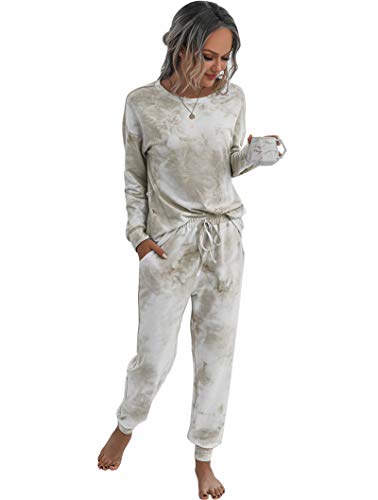 Womens 2 Piece Tie Dye Printed Loungewear Long Sleeve Tops and Pants Long Pajamas Set Joggers PJ Sets (m, Khaki)