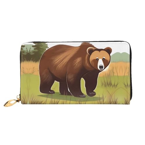 TYUMHBrown bear walking Leather long clutch wallet with 12 card slots and 3 full pockets for cash, designed for fashionable women.