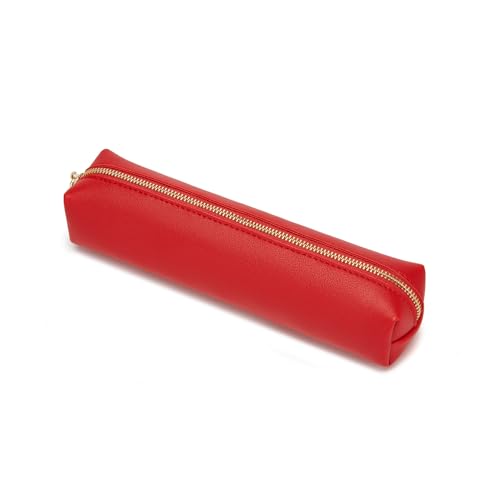 Image of Faux Leather Color Pencil Case Multifuncional and Simple with Zipper for School (Bright Red)