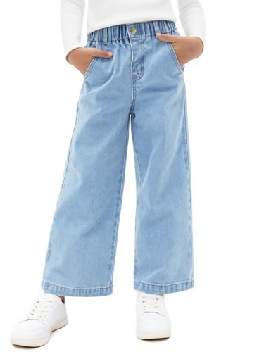 Haloumoning Girls Wide Leg Jeans Kids Elastic Waist Casual