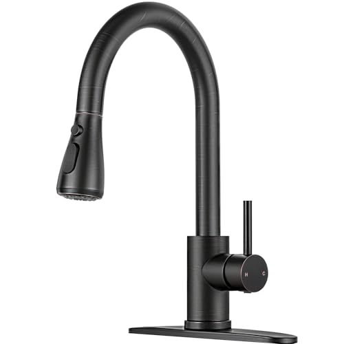 Image of Kitchen Faucet with Pull Down Sprayer - ORB Single Handle Kitchen Faucets, High Arc Stainless Steel Pull Out Kitchen Sink Faucet with Deck for RV Laundry Farmhouse Bar