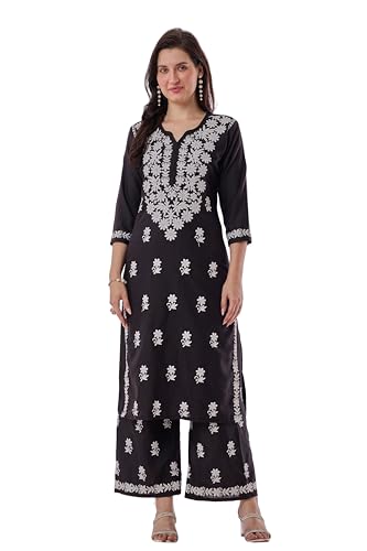 BHARVITA Women's Cotton Blend Lucknowi Embroidered Chikankari Straight Kurta with palazzo pants Set (IN, Alpha, XL, Regular, Black)