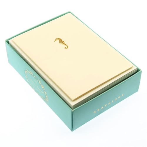 Image of Graphique Seahorse La Petite Presse Boxed Notecards - 10 Embossed and Embellished Gold Foil Seahorse Blank Cards with Matching Envelopes, 3.25 inch inch x 4.75 inch inch inch (L1329CB)