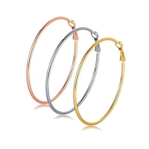 3 pares de aros grandes, aros de acero inoxidable, plata chapada en oro rosa, orejas sensibles para mujeres y niñas (juego de 3 colores) (8cm) Cover