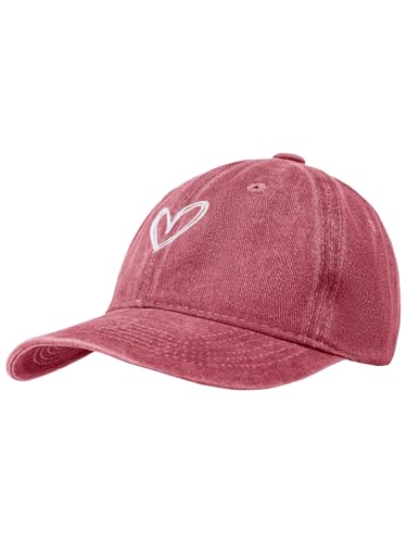 Decorie Basecap Damen Kappe mit Vintage Herz-Stickerei Verstellbare Schildkappe aus Baumwolle für Sommer (Bordeauxrot,Einheitsgröße)