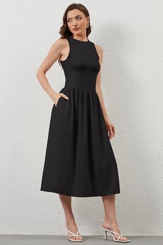 Image of TERIVEEK Women Summer Sleeveless Midi Dress Casual High Neck Patchwork Tank Sundress Boho Flowy A Line Dress with Pockets Black