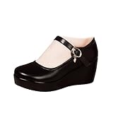 BOTRENT Women's Leather Fashion Wedge Heel Mary Janes with Adjustable Ankle Strap Comfort Non Slip Platform Mom Shoes for Casual Shopping Outdoor (Black,8.5)