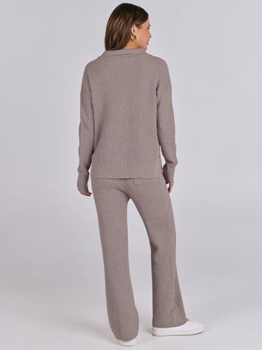 ANRABESS Women Two Piece Outfits Sweater Sets Lounge Waffle Knit Pullover Matching Wide Leg Pants Tracksuit 2025 Fall Fashion2