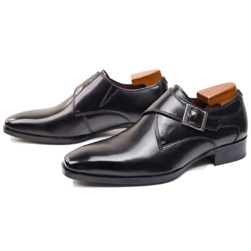 Men's Genuine Leather Monk Strap Low Heel Oxfords Classic Pointed Toe Low Top Slip On Dress Loafers Business Casual Office Wedding Formal Shoes
