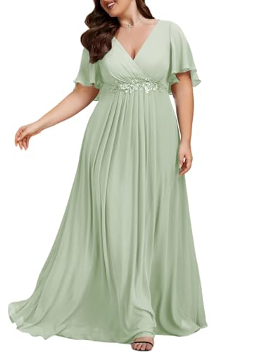 Image of Ever-Pretty Short Sleeves V Neck Plus Size Formal Dresses for Curvy Women Chiffon Mother of The Bride Dress Evening Gowns