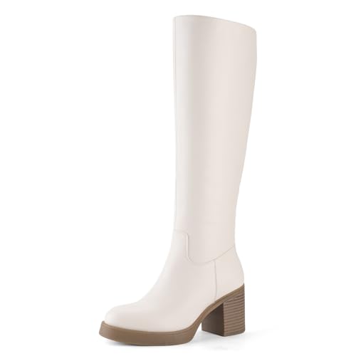 Image of Shoe'N Tale Platform Knee High Boots for Women Block Chunky Heel Round Toe Side Zipper Tall Boots