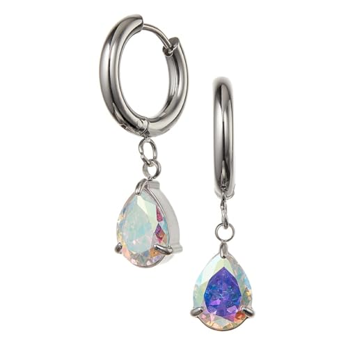 Piena フープピアス レディース サージカルステンレス製 両耳用 ティアドロップ 揺れる つけっぱなし 低刺激 金属アレルギー対応 (シルバー×オーロラ)