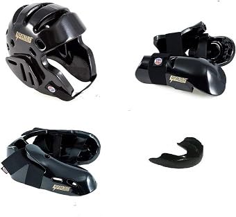 Lightning Karate Martial Arts Sparring Deluxe 6 Piece Package Deal w/Ultra Lightning Kicks & Free Mouthpiece (Black, Adult Medium)