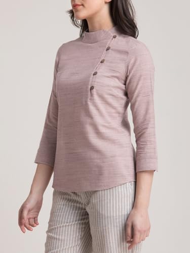 Image of FableStreet Women Formal Top | Asymmetrical Button Placket Band Collar Three-Quarter Sleeves | Pure Cotton Smooth Fabric for Office & Workwear