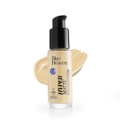 Blue Heaven Hyper Matte Foundation for Face Makeup with SPF 25 PA++, Matte Finish, Non Pore Clogging, Light Weight Formula, Medium Coverage for All types of Skin, Cream 104-Natural, 30ml