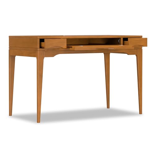 Image of SIMPLIHOME Harper Small Desk - 48 inch Wide Solid Hardwood Writing Desk in Honey Brown, Mid-Century Modern Home Office Table for Study or Work with 2 Drawers and Flip-Down Keyboard Tray