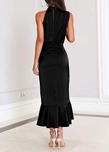 Image of KIRUNDO Women's Summer Satin Mock Neck Wedding Guest Dress | Party Cocktail Midi Dress, 2026 Spring Fashion, Silky, Elegant Classy Halter High Neck, Sleeveless Wrap Ruffle Formal Dress