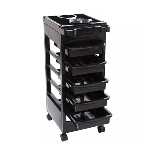 Italian Design - Carro de Peluquería Negro - 5 Bandejas Extraíbles de 38x26,5x7 cm - Bandeja Superior Antideslizante con Porta Secadores - 4 Ruedas Flexibles - Compacto y Ergonómico para Salones