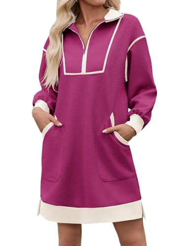 Image of Wenrine Womens Half Zip Sweatshirt Dress Fall V Neck Contrast Mini Dresses