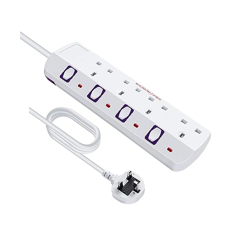 Tech Traders Extension Lead 4 Way Multi Plug Extension Sockets with Individual Switches Wall-Mounted Power Strip 2M Extension Cord 13A Fused UK Plug 3250W