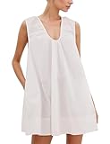 MISSACTIVER Women's Sleeveless Babydoll Tank Mini Dress Scoop Neck Ruched Short Dress with Side Pockets Summer Party Dresses White