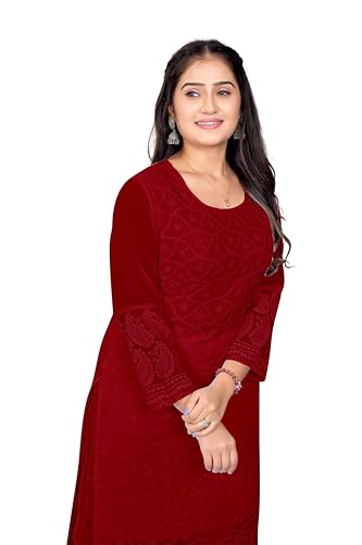Image of IMPEX Hand Embroidered Chikankari Georgette Kurta for Women | Kurti | 3 /4th Sleeves | Round Neck | Ethnic Kurta | Ideal for Casual Wear, Festive, Wedding & Parties