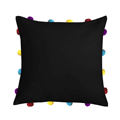 Image of Lushomes Cushion Cover 14x14, Boho Cushion Covers, Sofa Pillow Cover, Cushion Covers with Tassels, Cushion Cover with pom pom (14x14 Inches, Set of 1, Black)