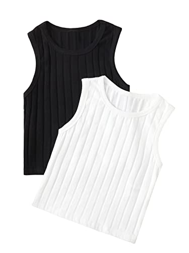 SHENHE Girl's 2 Piece Sleeveless Ribbed Knit Crewneck Cropped Vest Tank Crop Tops