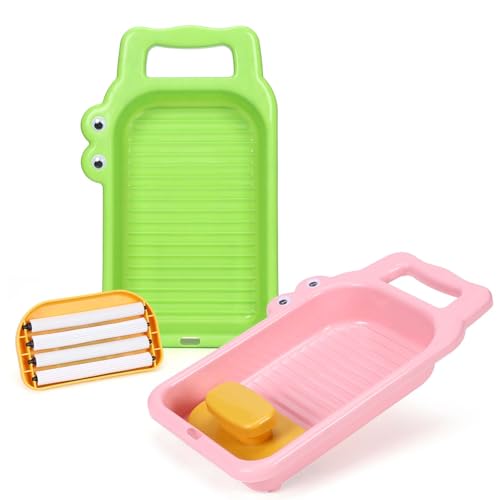 2 Pcs Crocodile Plastic Washboard for Hand Washing Clothes, Portable Wash Boards for Home/School/Dormitory/Traveling/Camping, Doubles as Pretend Home cleaning Toy Set (Green & Pink)
