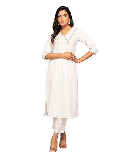 Image of FIORRA Women's White Cotton A-line Kurta with Pant and Dupatta