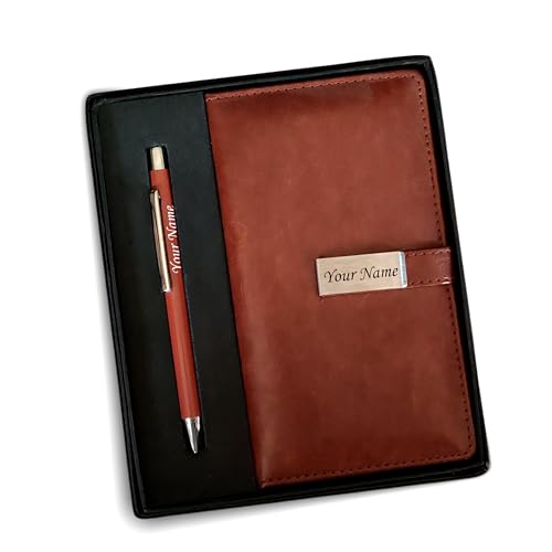 Image of SAVRI Personalized Leather Diary & Engraved Pen - Custom Name Executive Notebook with Employee Name & Company Logo - Non-Dated, Joining Kit, Corporate Gift, Office, Travel & Birthday Gift (Brown)